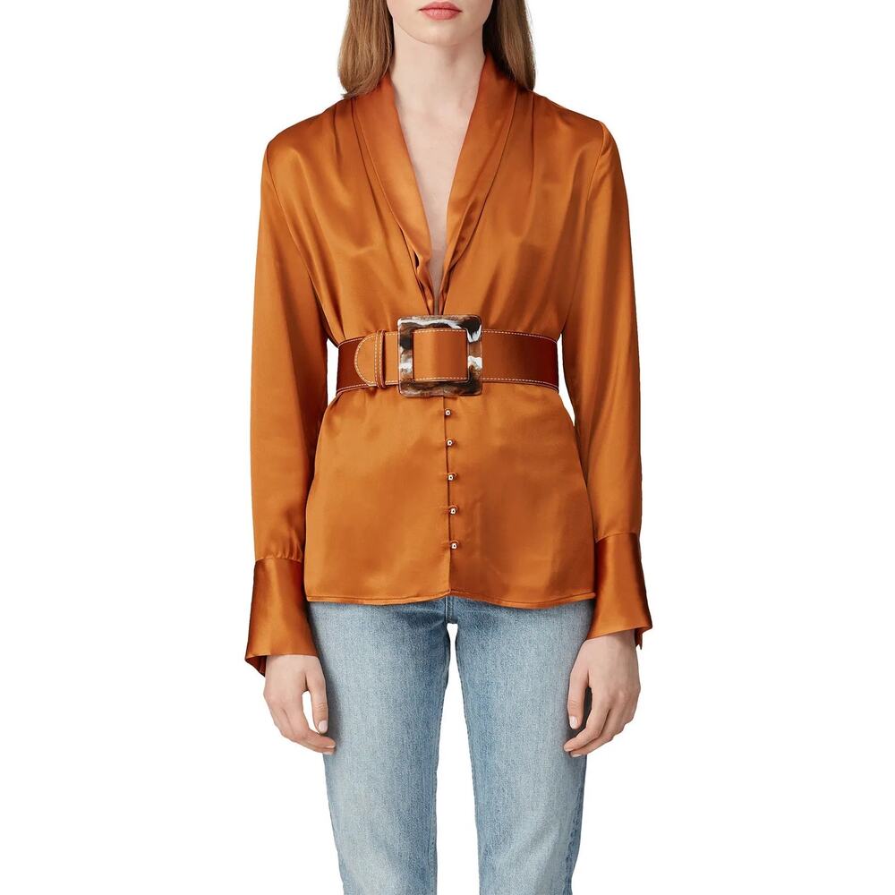 RTR Nicholas Sahra Copper Orange Satin Long Sleeve V-Neck Blouse Sz 2 Silky